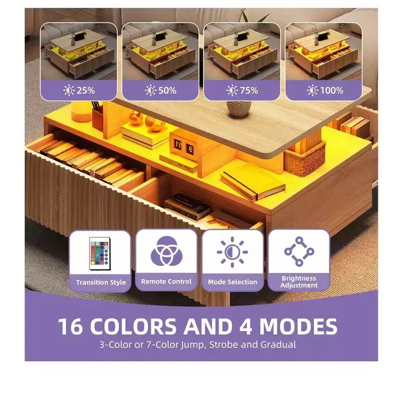 Tavolino rettangolare in legno con luci a LED e 4 cassetti