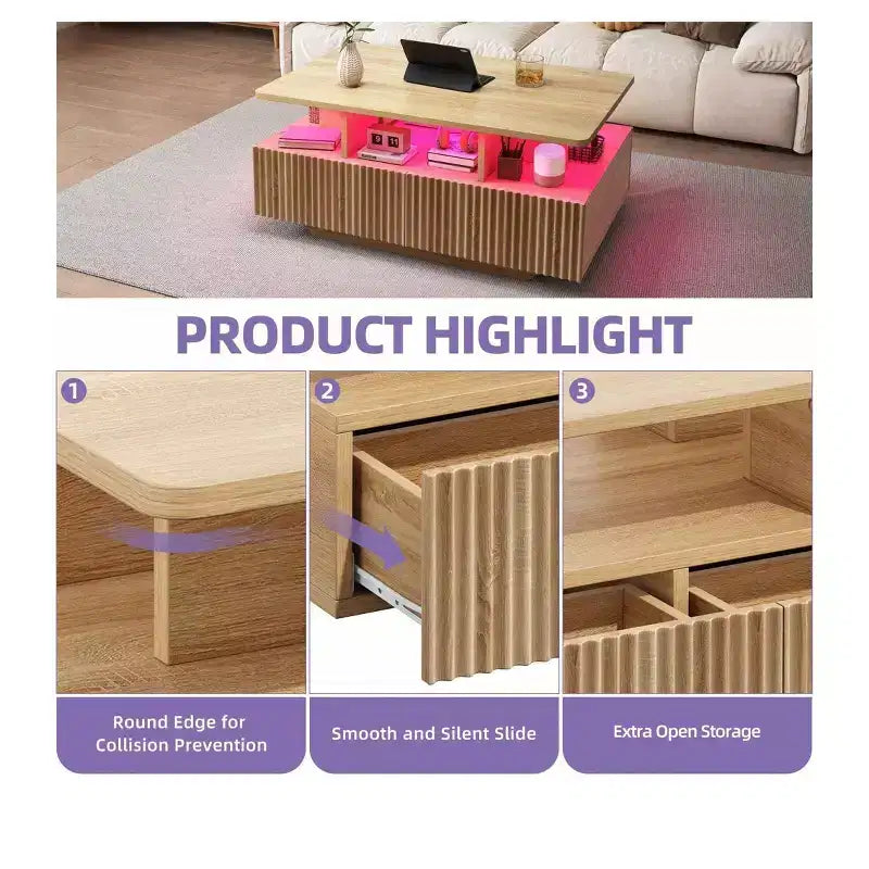 Tavolino rettangolare in legno con luci a LED e 4 cassetti