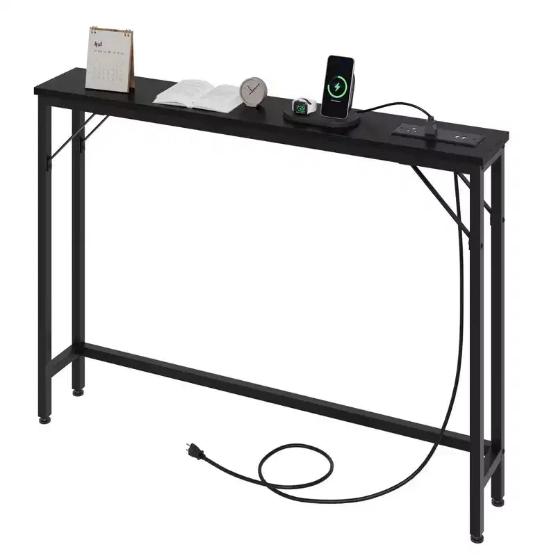 Tavolino Console Stretto con Stazione di Ricarica – Nero