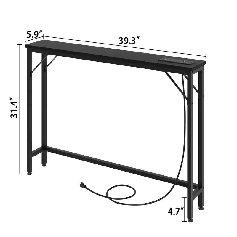 Tavolino Console Stretto con Stazione di Ricarica – Nero