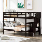 Full over Full Bunk Beds with Stairs, Wooden Full Stairway Bunk Bed with Storage & Guard Rail for Dorm