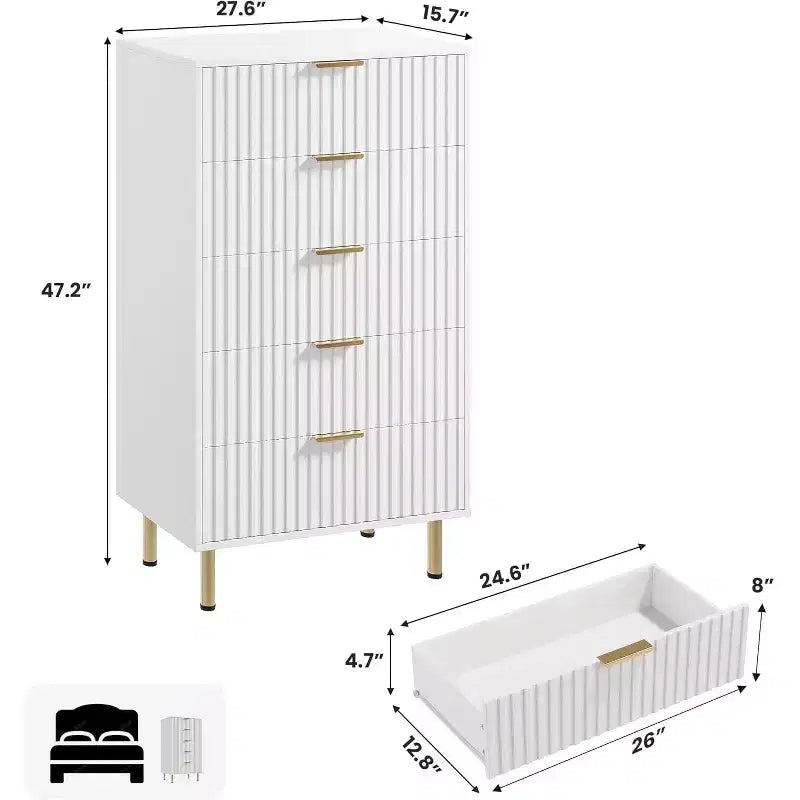 Cassettiera a 5 cassetti scanalati - Comò alto 119 cm