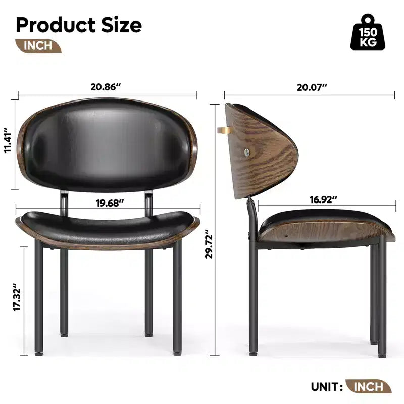 Set di 2 sedie da pranzo – Sedia senza braccioli imbottita in similpelle con gambe in metallo, Nero