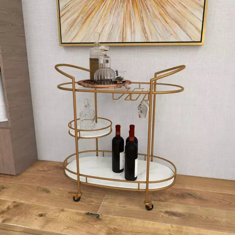 Carrello da Bar a 3 Livelli con Struttura in Metallo – Finitura Oro