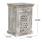 Comodino in legno di mango con cassetto e armadietto – Bianco anticato