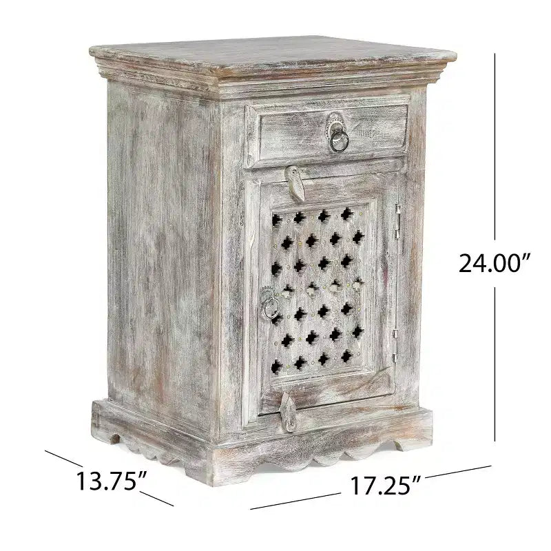 Comodino in legno di mango con cassetto e armadietto – Bianco anticato