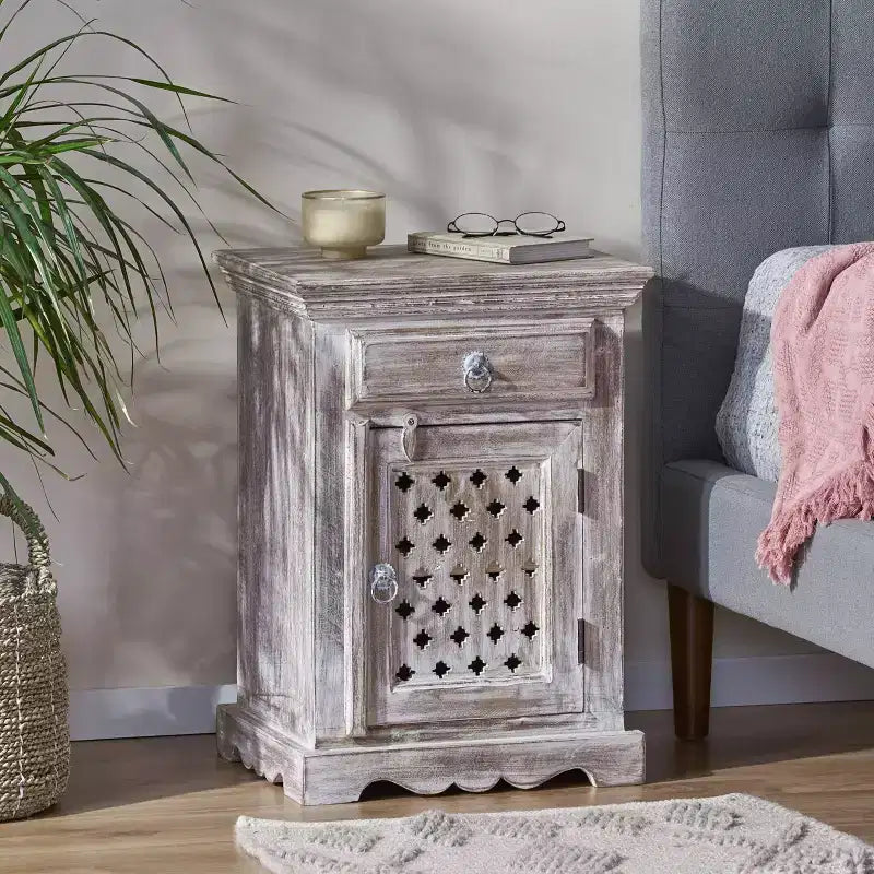 Comodino in legno di mango con cassetto e armadietto – Bianco anticato