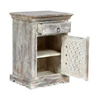 Comodino in legno di mango con cassetto e armadietto – Bianco anticato