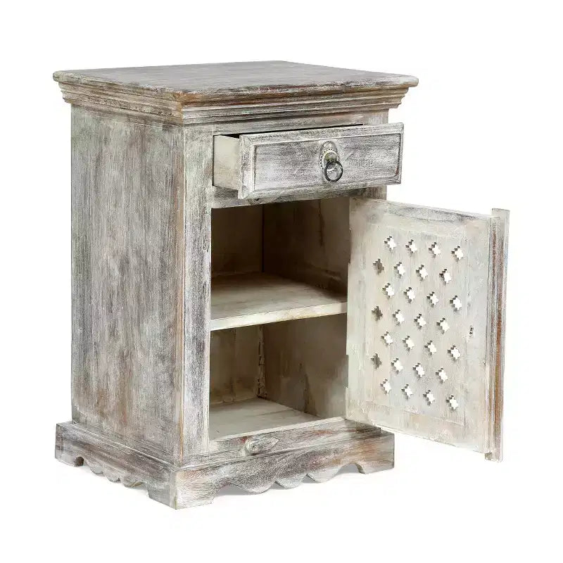 Comodino in legno di mango con cassetto e armadietto – Bianco anticato