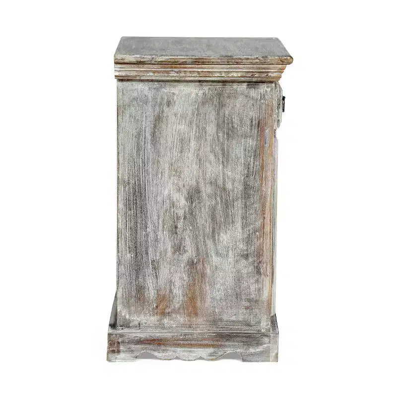 Comodino in legno di mango con cassetto e armadietto – Bianco anticato