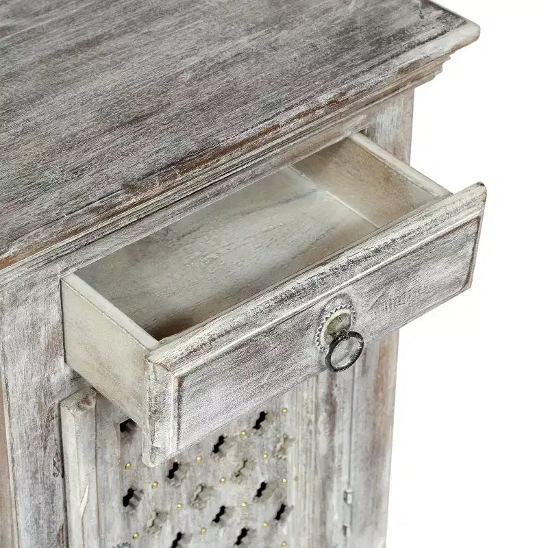 Comodino in legno di mango con cassetto e armadietto – Bianco anticato