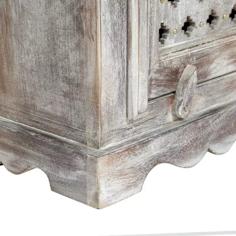 Comodino in legno di mango con cassetto e armadietto – Bianco anticato