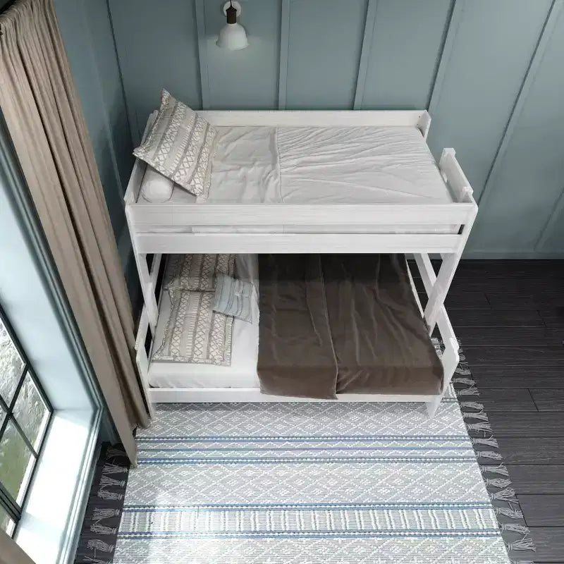 Letto a castello singolo sopra una piazza e mezza, stile moderno rustico, legno massello