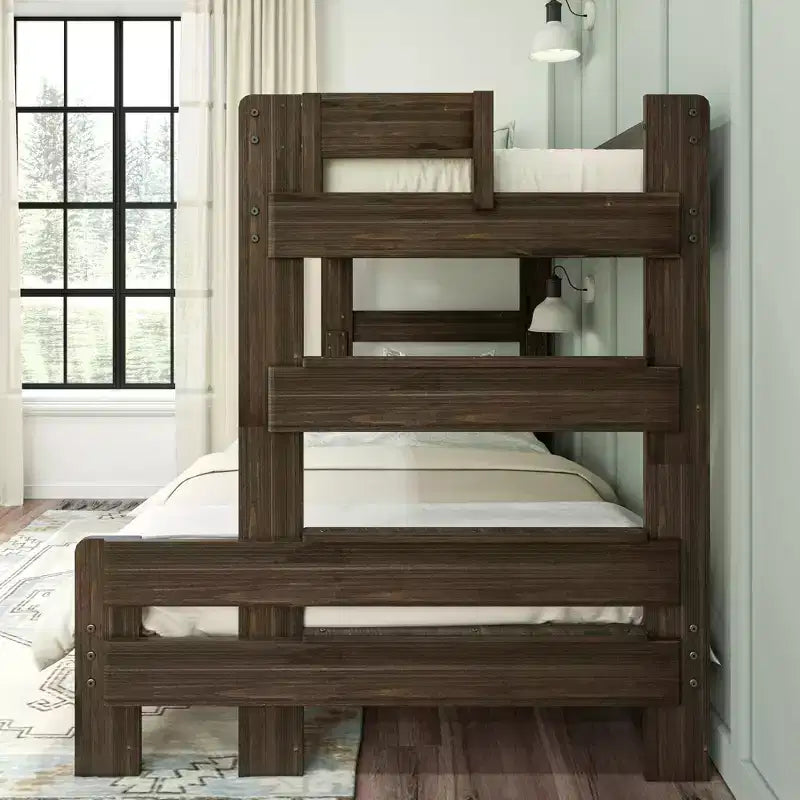 Letto a castello singolo sopra una piazza e mezza, stile moderno rustico, legno massello