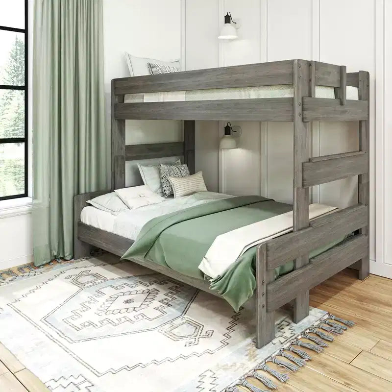 Letto a castello singolo sopra una piazza e mezza, stile moderno rustico, legno massello
