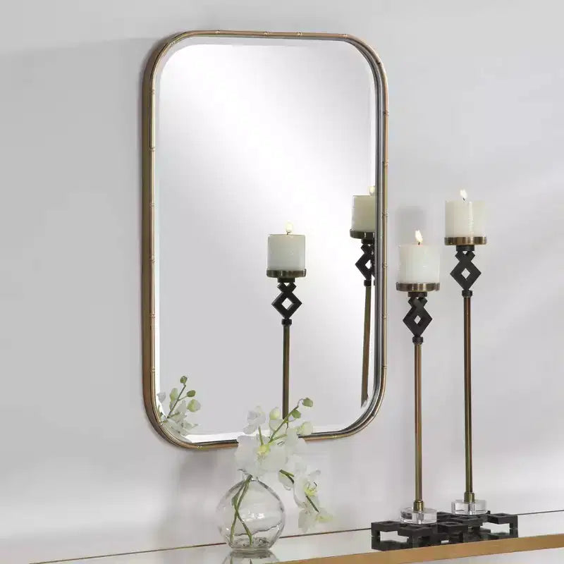 Specchio decorativo rettangolare da parete – Cornice in ferro dorato anticato, vetro smussato, 51,4 cm di larghezza