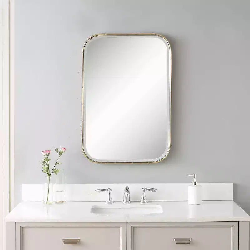 Specchio decorativo rettangolare da parete – Cornice in ferro dorato anticato, vetro smussato, 51,4 cm di larghezza