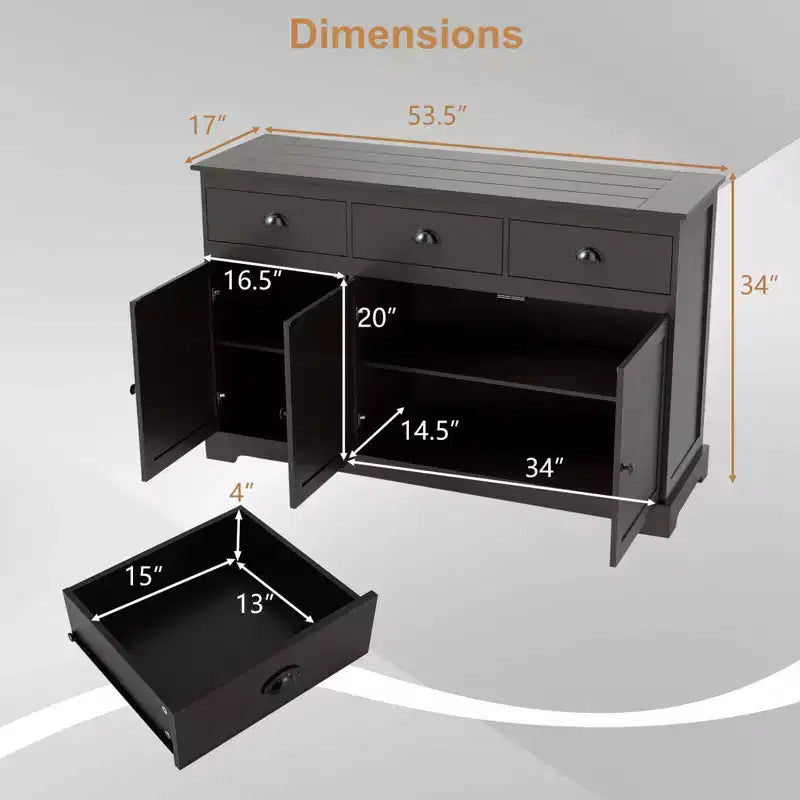 Credenza a buffet da 53,5" con 3 cassetti, armadietto a 3 ante e 2 ripiani regolabili