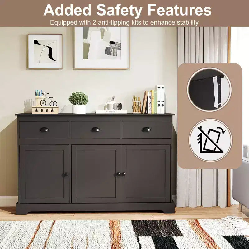 Credenza a buffet da 53,5" con 3 cassetti, armadietto a 3 ante e 2 ripiani regolabili