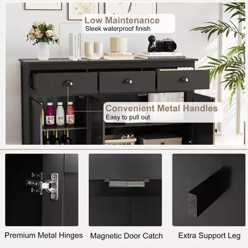 Credenza a buffet da 53,5" con 3 cassetti, armadietto a 3 ante e 2 ripiani regolabili