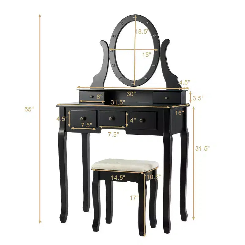 Set Toeletta con 5 Cassetti, Luci a LED e Specchio – Nero