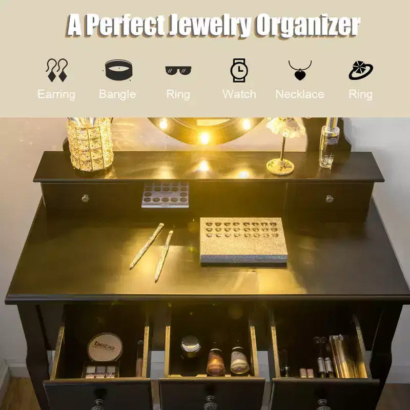 Set Toeletta con 5 Cassetti, Luci a LED e Specchio – Nero