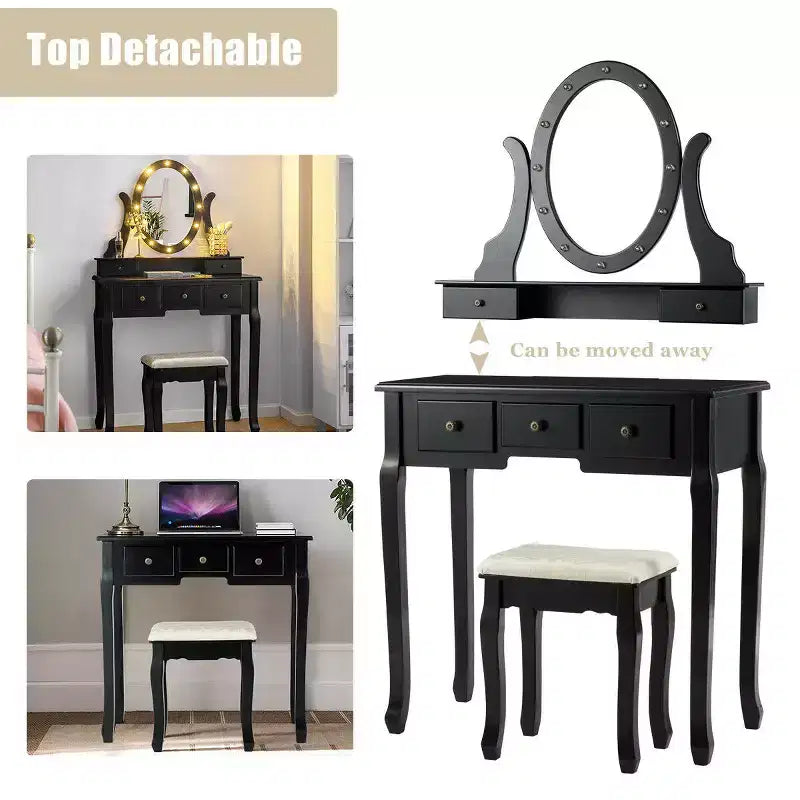 Set Toeletta con 5 Cassetti, Luci a LED e Specchio – Nero