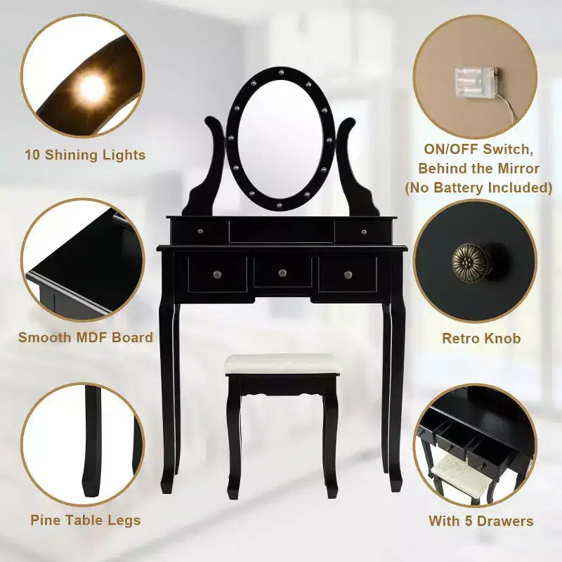 Set Toeletta con 5 Cassetti, Luci a LED e Specchio – Nero